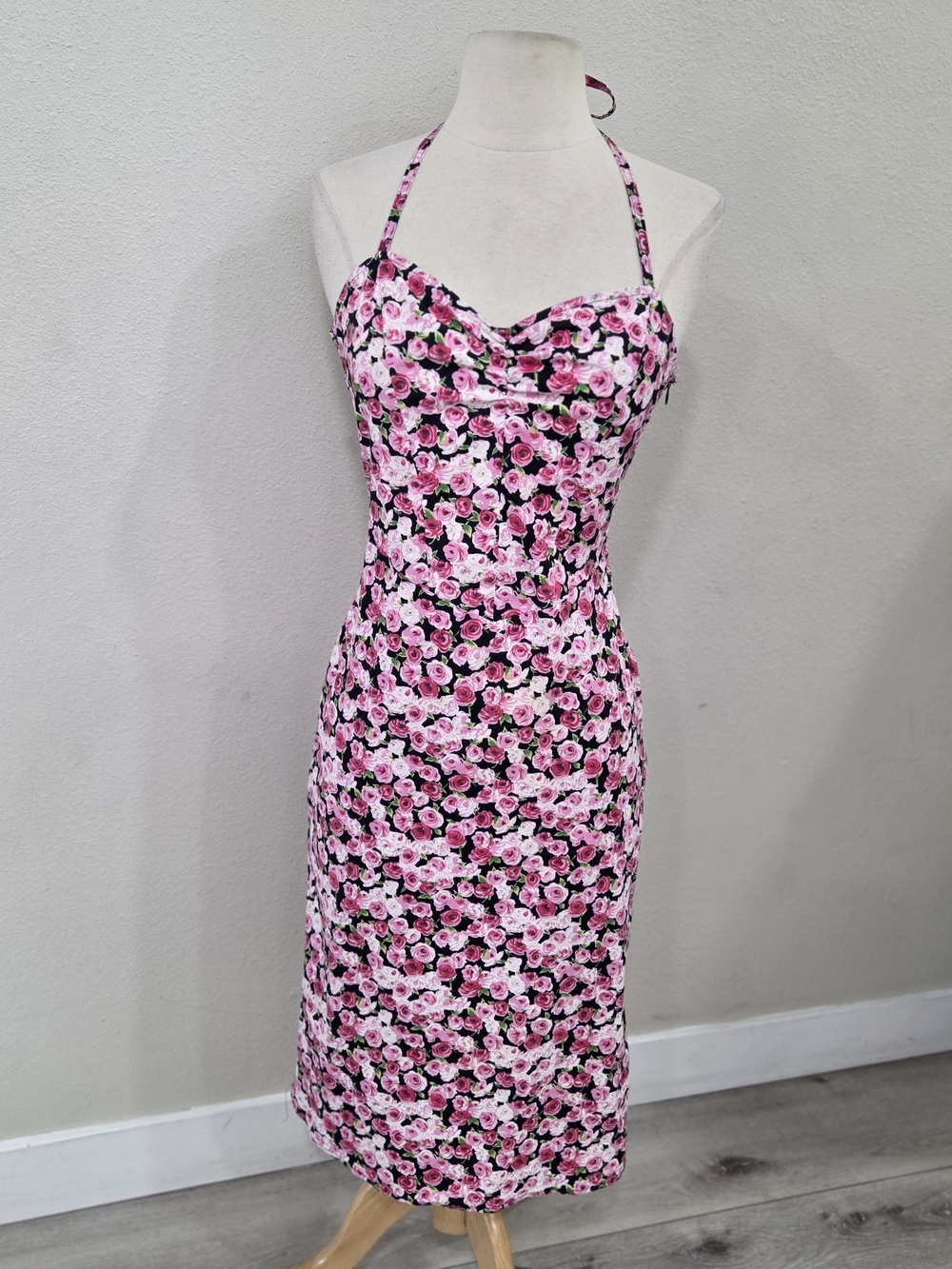 Betsey Johnson Pink Floral Halter Midi Dress with Black Accent